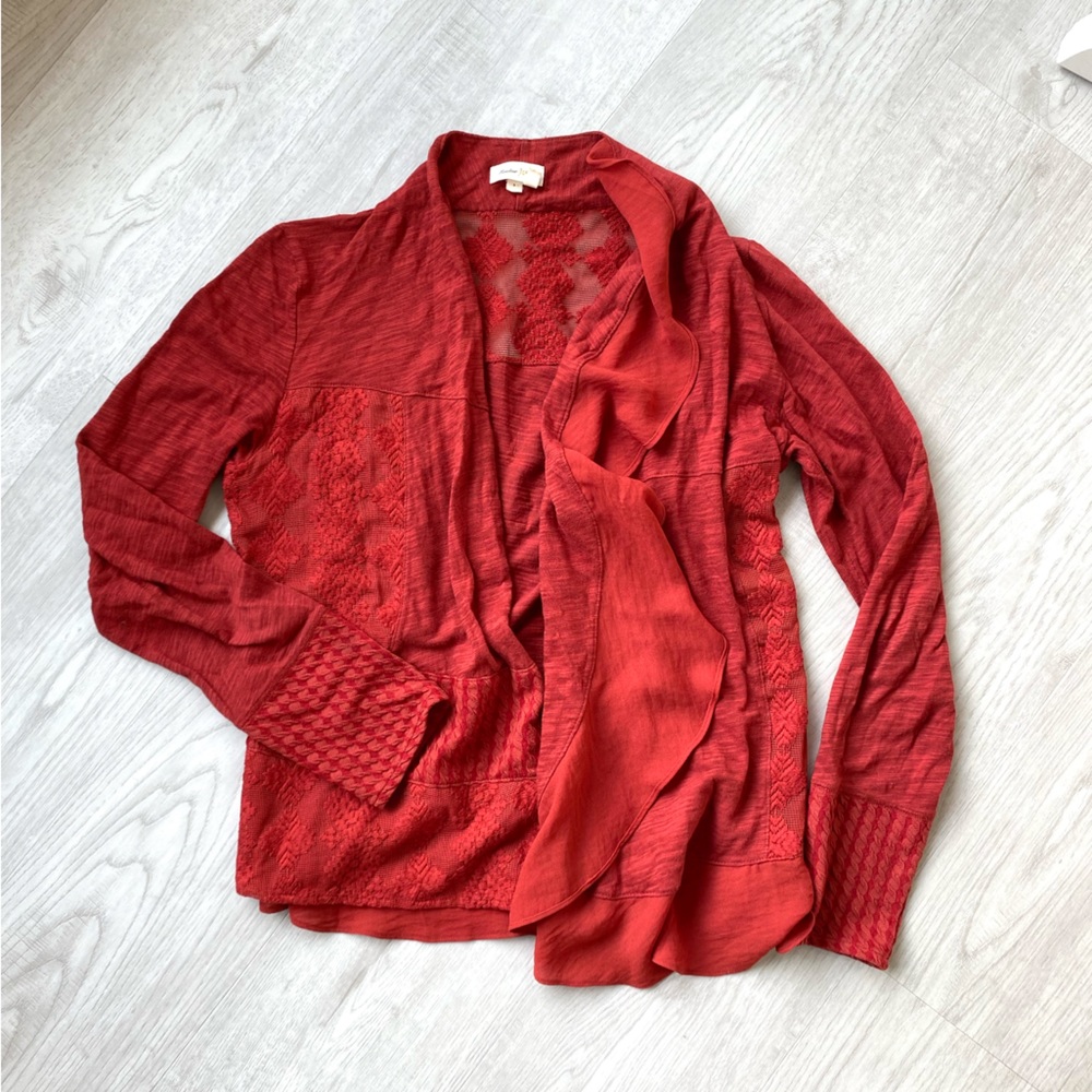 ANTHROPOLOGIE Meadow Rue Rust Cardigan with Ruffles and Lace